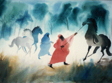 Jim Tanaka Watercolor HORSES WITH MAN